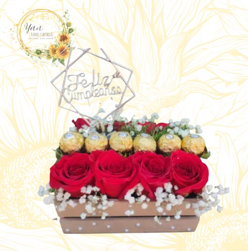 ARREGLO DE BOMBONES Y ROSAS"