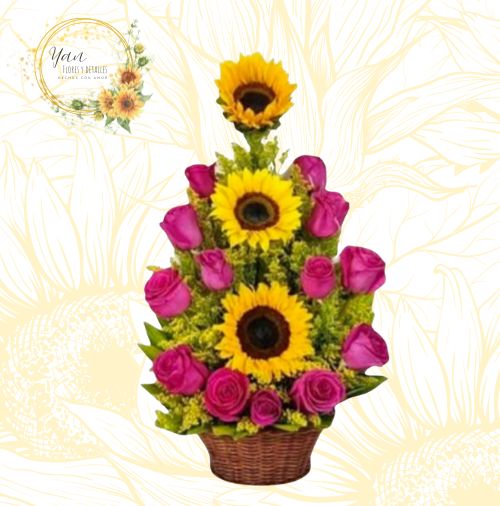 CESTA DE ROSAS Y GIRASOLES"
