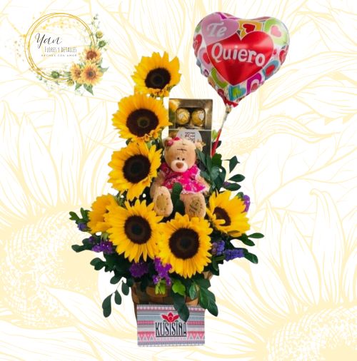 ARREGLO DE GIRASOLES Y PELUCHE"