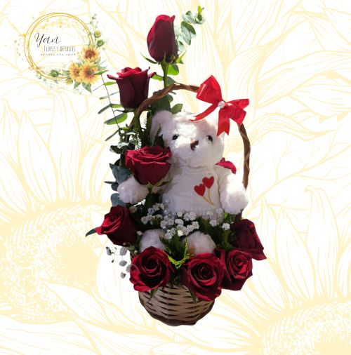 HERMOSA CANASTA 8 ROSAS Y PELUCHE