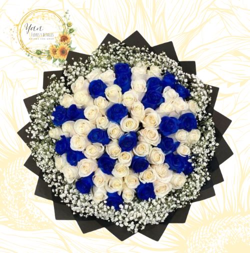 RAMO BUCHON 100 ROSAS BLANCO Y AZUL"