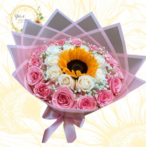 BOUQUET DE 23 ROSAS Y GIRASOL.