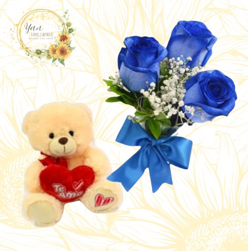 ROSAS AZULES Y PELUCHE"